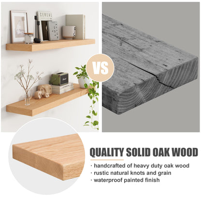 Floating Shelves for Wall, USA-Sourced Oak Wood 24 Inch Wall Shelves Set of 2, Natural Wooden Wall Mounted Picture Ledge Shelf, Nursery Book Storage Shelf Kids Bookshelf, Display Shelf for Bathroom