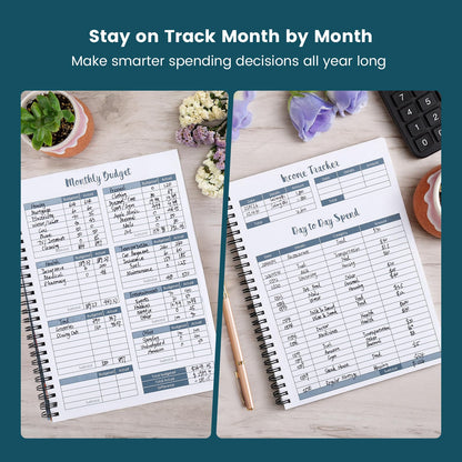 Soligt Budget Planner Monthly Budget Book Bill Organizer with 12 Pockets, Undated Home Financial Money Expense Saving Debt Tracker Notebook, 1 Year, Blue Floral, Spiral Design