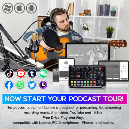 ALSO GO Podcast Equipment Bundle, Podcast Equipment with BM-800 Microphone(Gold) & F998 Sound Card, Recording Studio Equipment for Podcasting, Singing, Gaming, and Live Streaming YouTube Tiktok