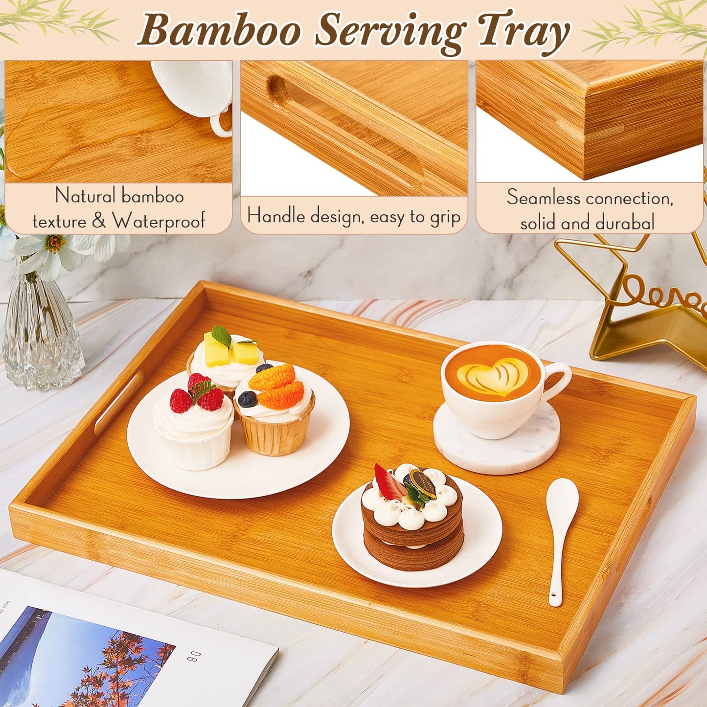 Geelin 4 Pcs 18 x 13 x 1.4 in Large Bamboo Serving Tray with Handles Rectangular Wooden Breakfast Tray Dinner Tray Decorative Coffee Tea Platter for Living Room Bedroom Kitchen Dinner Table Outdoors