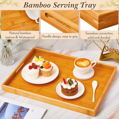 Geelin 4 Pcs 18 x 13 x 1.4 in Large Bamboo Serving Tray with Handles Rectangular Wooden Breakfast Tray Dinner Tray Decorative Coffee Tea Platter for Living Room Bedroom Kitchen Dinner Table Outdoors