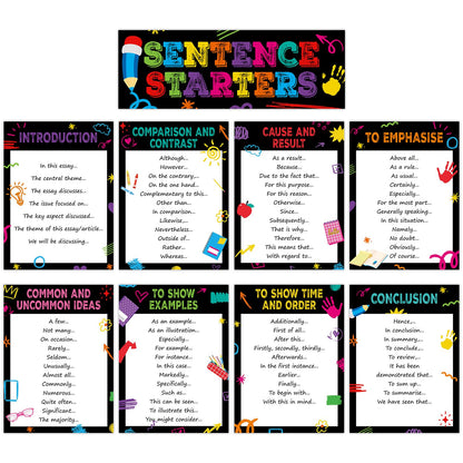 Dunzoom 9 Pieces Sentence Starters Posters Descriptive Vocabulary Classroom Educational Posters English Grammar Chart Bulletin Board Decoration for Middle High School Classroom (Bulletin Board Style)