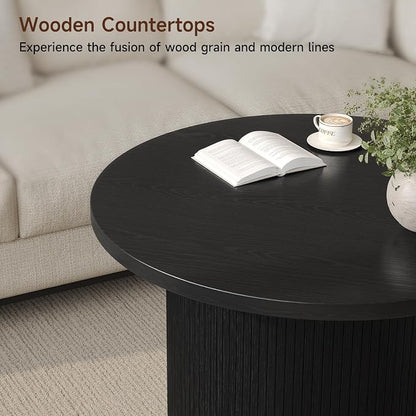 31.5" Round Coffee Table, Mid Century Modern Fluted Tambour Coffee Table, Engineered Wood Small Circle Center Table, Drum Accent Modern Living Room Table, Black