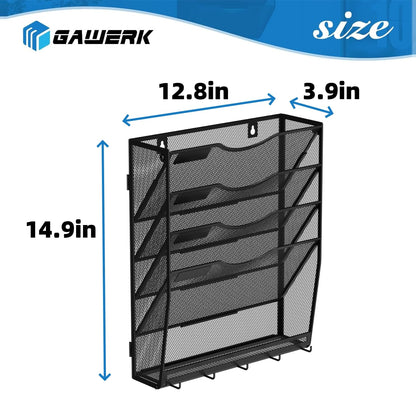Gawerk 5-Tier Hanging Wall File Organizer with 5 Hooks - Wall Mounted Mail Paper Document Folder Holder, Sturdy Mesh Magazine Rack for Office Home