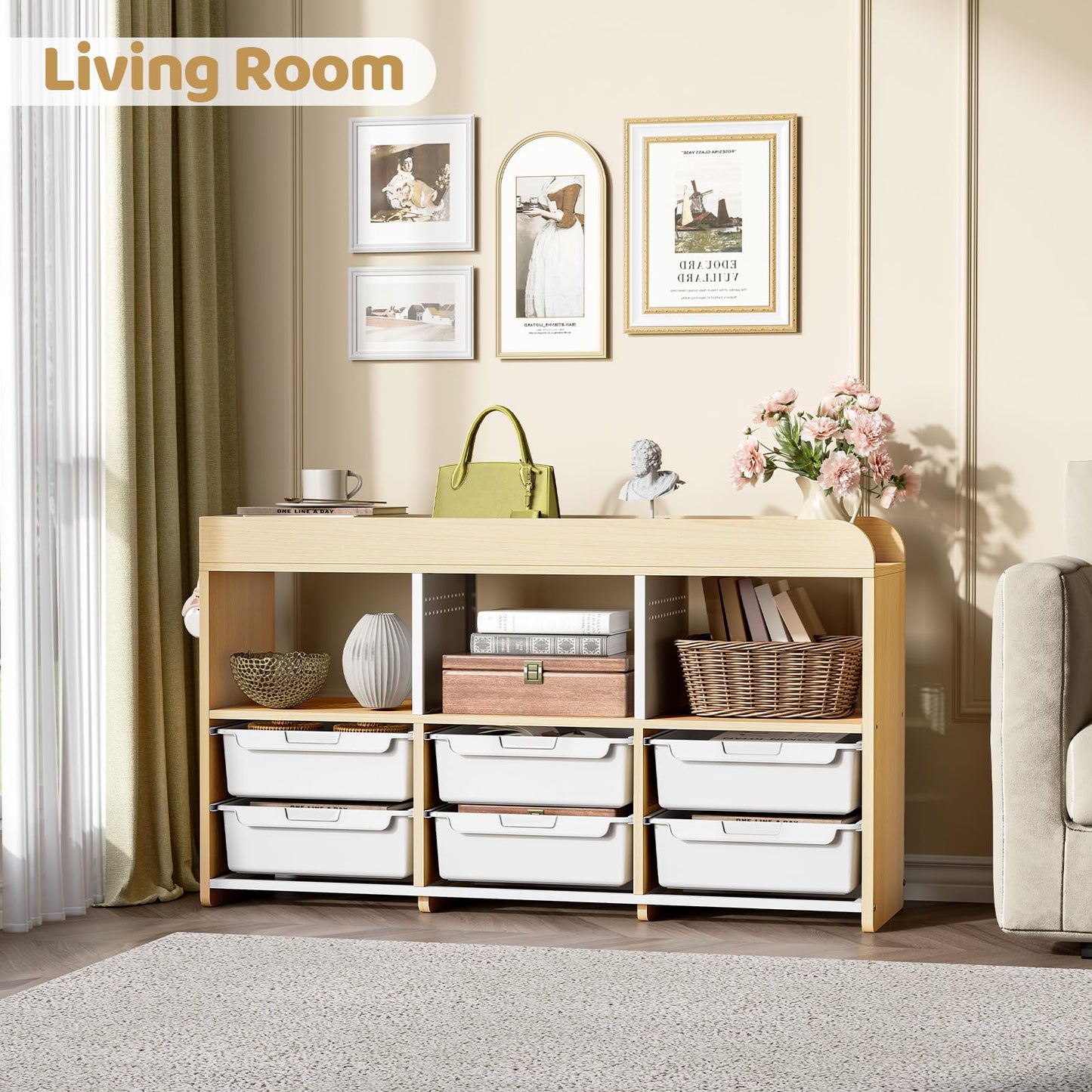 6-Plastic Storage Bins Wooden Storage Containers, Cube Toy Storage Box Organizer with Side Pegboard & Compartments, Drawers for Home Office, Dormitory, Classroom, Craft Room, Playroom Storage(White)