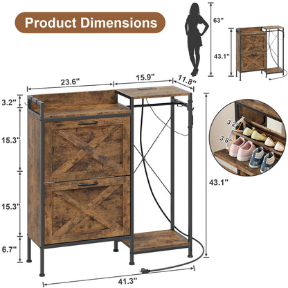 HIGDBFE Shoe Cabinet with 2 Flip Drawers and Hanging Rack, Narrow Entryway Organizer with Charging Station and LED Light, Freestanding Hidden Shoe Storage for Hallway, Rustic Brown, 41.3" W