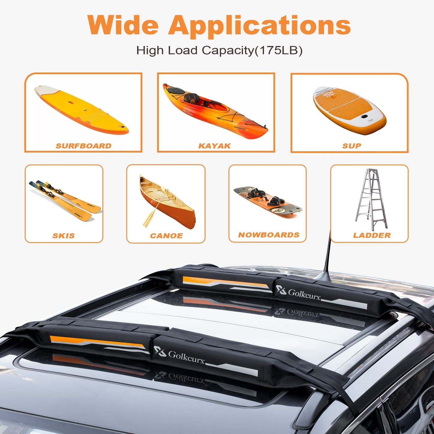Golkcurx Universal Soft Roof Rack Pads for Kayak,Surfboard, SUP, Canoe, Snowboard with15FT Tie-Down Straps*2 and Storage Bag*1 (Black)