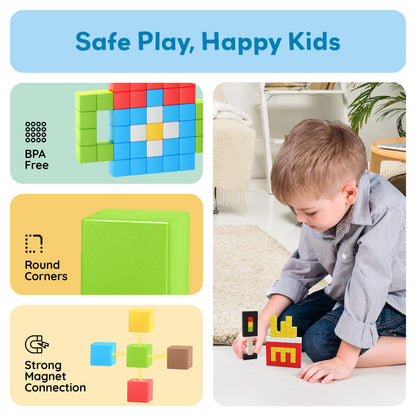 PicassoTiles 100pcs 0.5” Pixel Magnetic Puzzle Cube Mix & Match Cubes Sensory Toys STEAM Education Learning Building Block Magnets Children Construction Toy Set Stacking Magnet Creative Kit PMC100