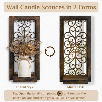 Walasis Farmhouse Wall Candle Holder Decor: Rustic Candle Sconces Set of Two for Pillar Candles - Brown Wooden Shelving for Fireplace Bathroom Hallway