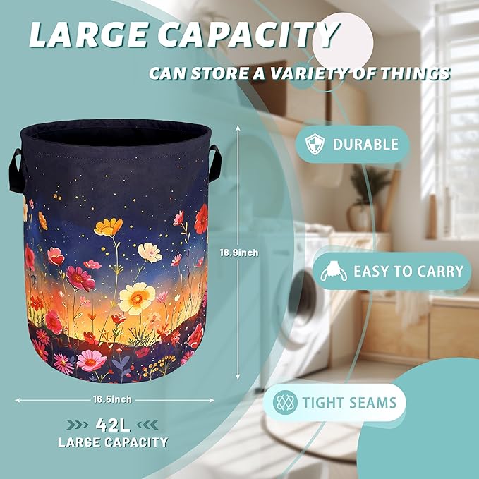 Colorful Flowers At Night Laundry Basket Floral Foldable Funny Laundry Hamper