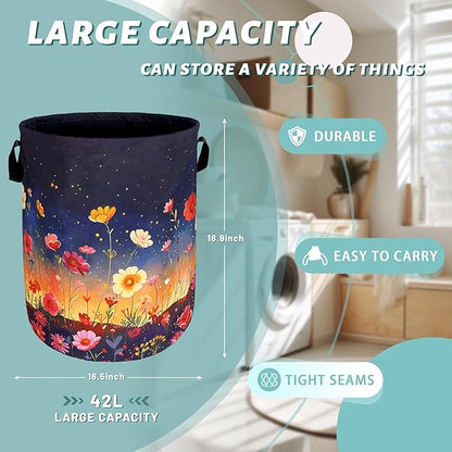 Colorful Flowers At Night Laundry Basket Floral Foldable Funny Laundry Hamper