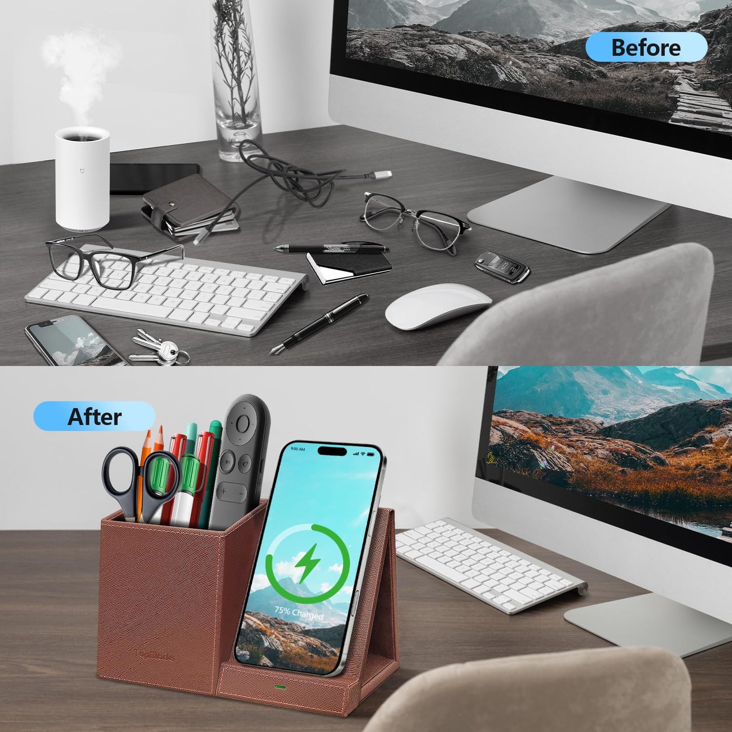 TopMade Wireless Charger with Pen Holder, Multi-functional Desktop Organizer and Storage, Home Office Supplies Desk Accessories, Pencil/Remote Holder with Fast Charging Phone Stand (Brown)