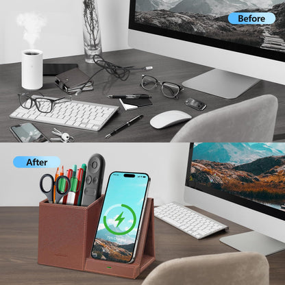 TopMade Wireless Charger with Pen Holder, Multi-functional Desktop Organizer and Storage, Home Office Supplies Desk Accessories, Pencil/Remote Holder with Fast Charging Phone Stand (Brown)
