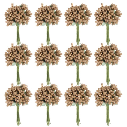 M METERXITY 144-Pack Artificial Flower Stamen Kit, Mini Frosted Holly Berry Stems for Wedding Decor, Flower Stamens for Craft DIY Wreaths/Birthday/Flower Arrangements Decorations [Gold]