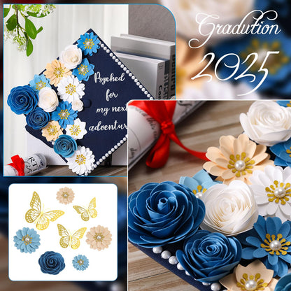 Thiccywoov 43 Pcs Graduation Cap Decorations Kit Includes Artificial Flowers Faux Flower Heads 3D Butterfly Stickers Pearl Rhinestones Glitter Stickers for Grad Cap Topper DIY Graduation Gift(Blue)