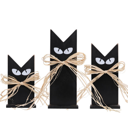 Set of 3 Wooden Black Cats Table Decor – Rustic Halloween Decorations, Tiered Tray Accents, Farmhouse Spooky Black Cat Figurines in 3 Sizes