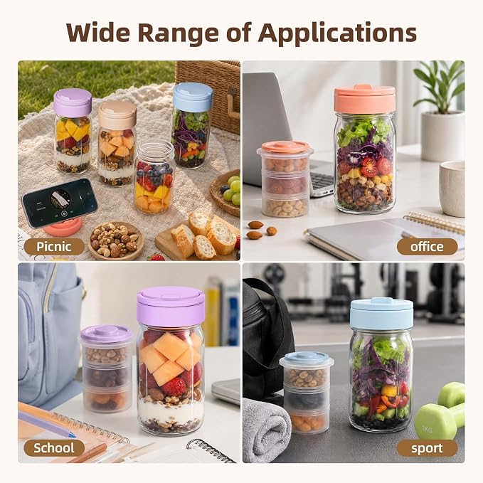 TQRR 32 OZ 4 Pack Overnight Oats Containers with Lids, Glass Storage Jar with Dry and Wet Separation, Leakproof Wide Mouth Mason Jars, Glass Jars with a Handle for Salads,Yogurt (2, Blue & Purple)