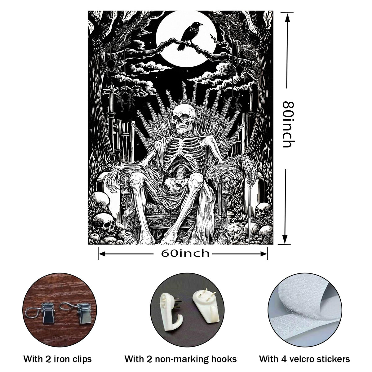 SHRAPHY Skeleton Black and White Tapestry,Grim Reaper,60X80inches