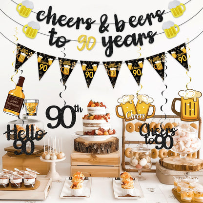 Black Gold 90th Birthday Decorations for Men Women, Glitter Pre-Strung Cheers to 90 Years Banner Hello 90 Hanging Swirls Paper Triangle Flag Banner Decorations Bday Party Supplies Kit