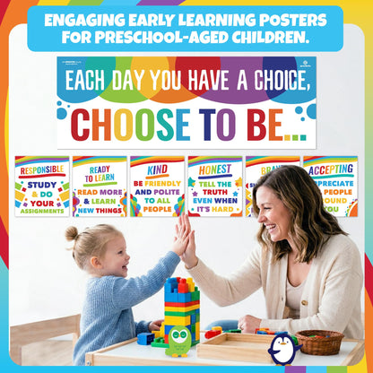 Sproutbrite 7 Educational Posters & Charts - 1 Big Banner 13.5" x 39" and 6 Smaller 12" x 13.5" - Kindness Posters – Motivational Chart and Wall Decor for Pre, Elementary and Middle School - Encourages Positive Choices and Character Development