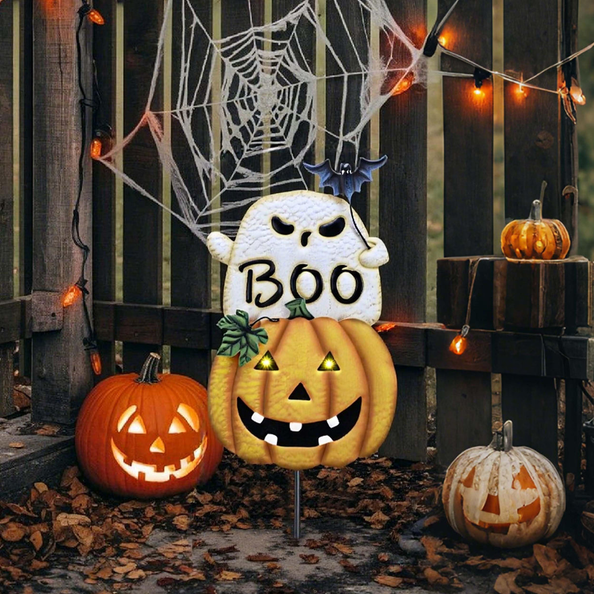 TERESA'S COLLECTIONS Metal Halloween Yard Stakes, Halloween Decorations for Outdoor with Ghost Pumpkins Solar Light, Stacked Jack-o-Lantern Garde Stakes Decor for Pathway Patio Party, 25"