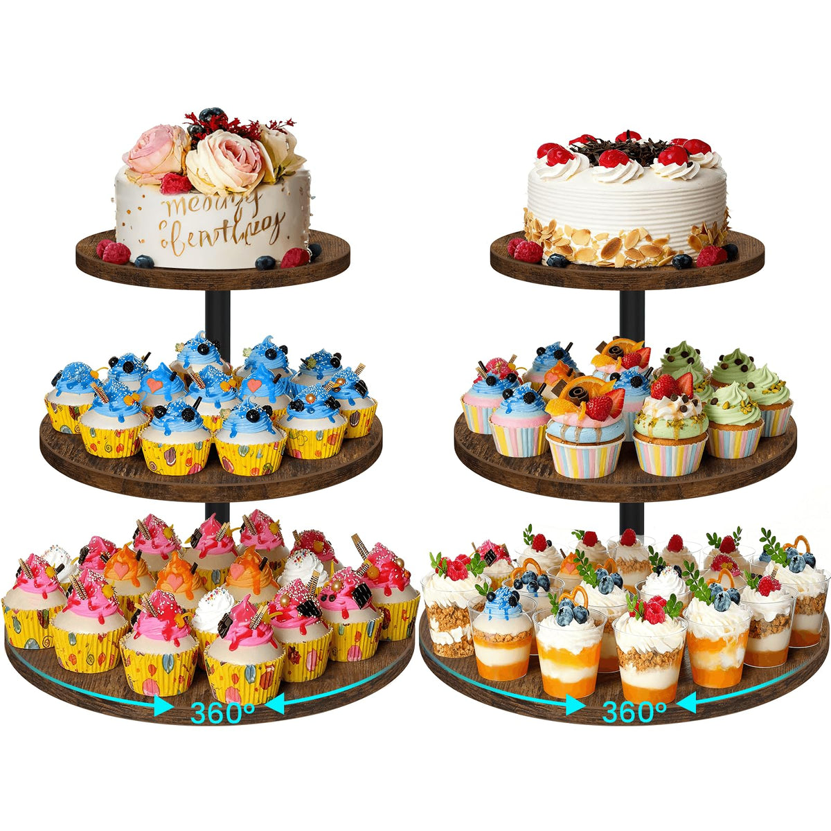 ELITEROO 3 Tier Cupcake Stand for 50 Cupcakes, Rotating Wooden Cake Stand, Rustic Dessert Display Tower with Tiered Trays, Round Cupcake Holder for Wedding Birthday Baby Shower Tea Party, 2 Pack