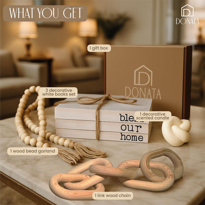 Boho Decor Set – 4-Piece Neutral Home Accents for Shelf, Entryway, Coffee Table – Includes Faux Wood Books, Bead Garland, Rustic Chain & Scented Knot Candle – Farmhouse & Minimalist Style