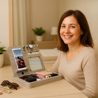 Namore Nightstand Organizer for Women – Wood Phone Docking Station & Jewelry Valet Tray for Phone, Earrings, Wallet & Keys – Unique Gifts for Women, Wife, Mom
