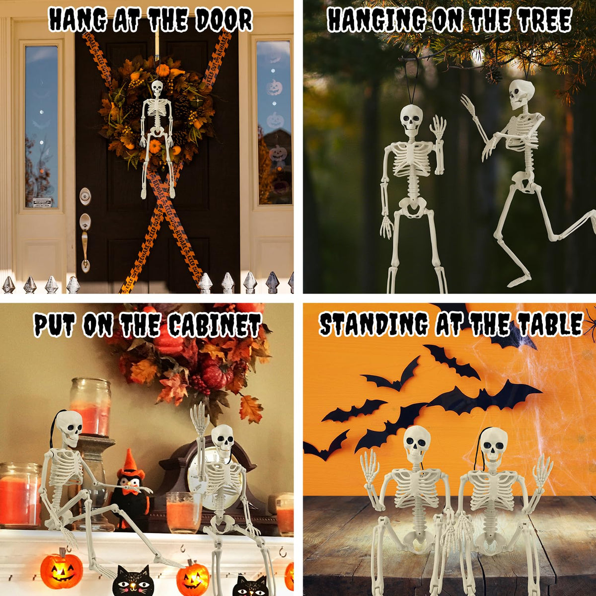 4 PCS 16'' Halloween Decor for Outdoor Graveyard Yard,Small Posable Plastic Skeletons Decorations for Tree Lawn Window Office Desk,Halloween Party Supplies,Scary Skull Hanging Props for Haunted House