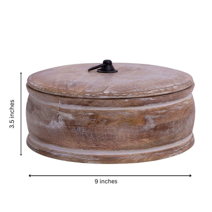 Handcrafted Wooden Mexican Tortilla Warmer Basket Indian Chapati Roti Bread Holder Box Pancake Keeper Serveware Hot Pot Casserole Dish With Lid Home Kitchen Dining Decor, Natural Brown, 9 x 3.5 Inches