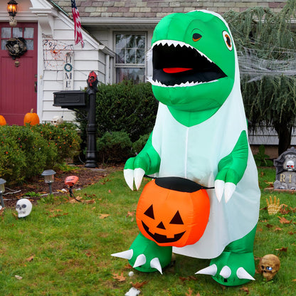 RoundFunny 6 FT Halloween Inflatables Dinosaur Outdoor Decorations Ghost Dinosaur with Pumpkin Inflatables Decoration with Built in LEDs for Halloween Party Yard Lawn Garden Decor