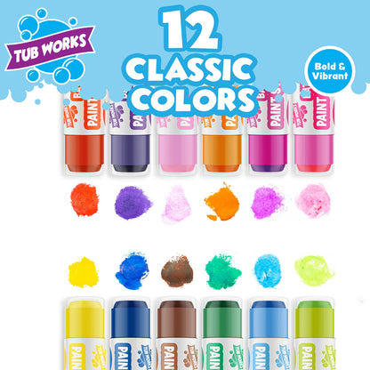 Tub Works® Bath Paint Sticks™ Bath Toy, 12 Count | Nontoxic, Washable Bathtub Paint for Kids & Toddlers | Twistable Sticks Draw Smoothly on Tub Walls | Smooth, Vibrant Alternative to Bath Crayons