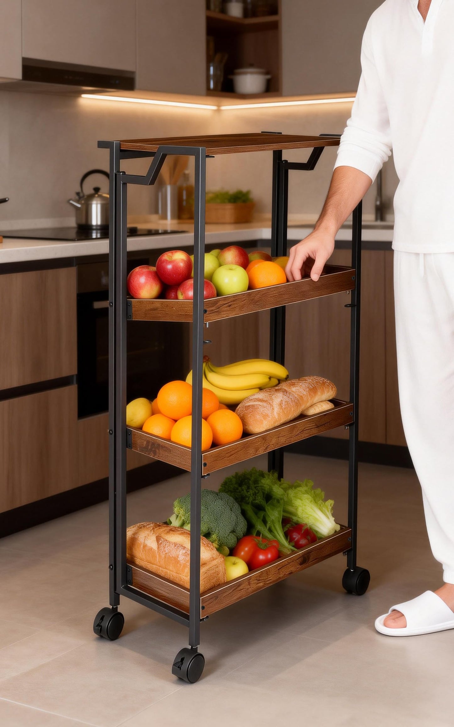 PeakPursuit Large 4-Tier Collapsible Wooden Storage Shelf – Heavy Duty 100 lbs Capacity, Locking Wheels – Space-Saving Organizer for Kitchen, Garage, Workshop, Home – No Assembly Required
