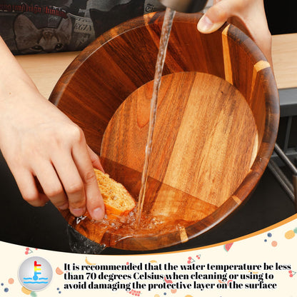 Yunlly Wooden Salad Bowl Set of 5 - Large Fruit Mixing Bowls with Salad Servers Utensils for Serving Dining Accessory - Handmade - Acacia Wood - Large 12", Medium 10", Small 8" (Wavy Design)