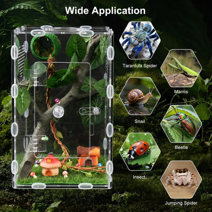 YPJXBEST Jumping Spider Enclosure,6x6x10 in Spider Enclosure Easy Assembly with DIY Jumping Spider Accessories Front Opening Bug Habitat with Feeding Port for Mantises,Spiders,Insects