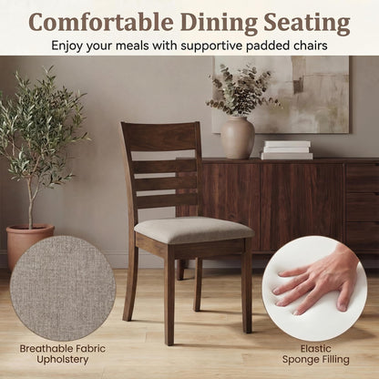 COSTWAY Wooden Dining Chairs Set of 2, Solid Rubberwood Frame Kitchen Side Chairs w/Upholstered Padded Seat & High Slat Back, Mid-Century Modern Dining Chair for Dining Room Kitchen (Light Brown)
