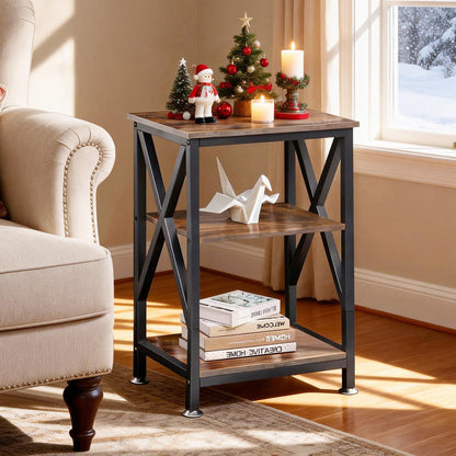 End Tables with Storage Shelf, 12" Deep x 16" Wide x 24" High, Small Side Table 3-Tier, End Tables Living Room Farmhouse, X-Shaped Night Stands for Bedrooms Bedside Tables, End Table Wood and Metal