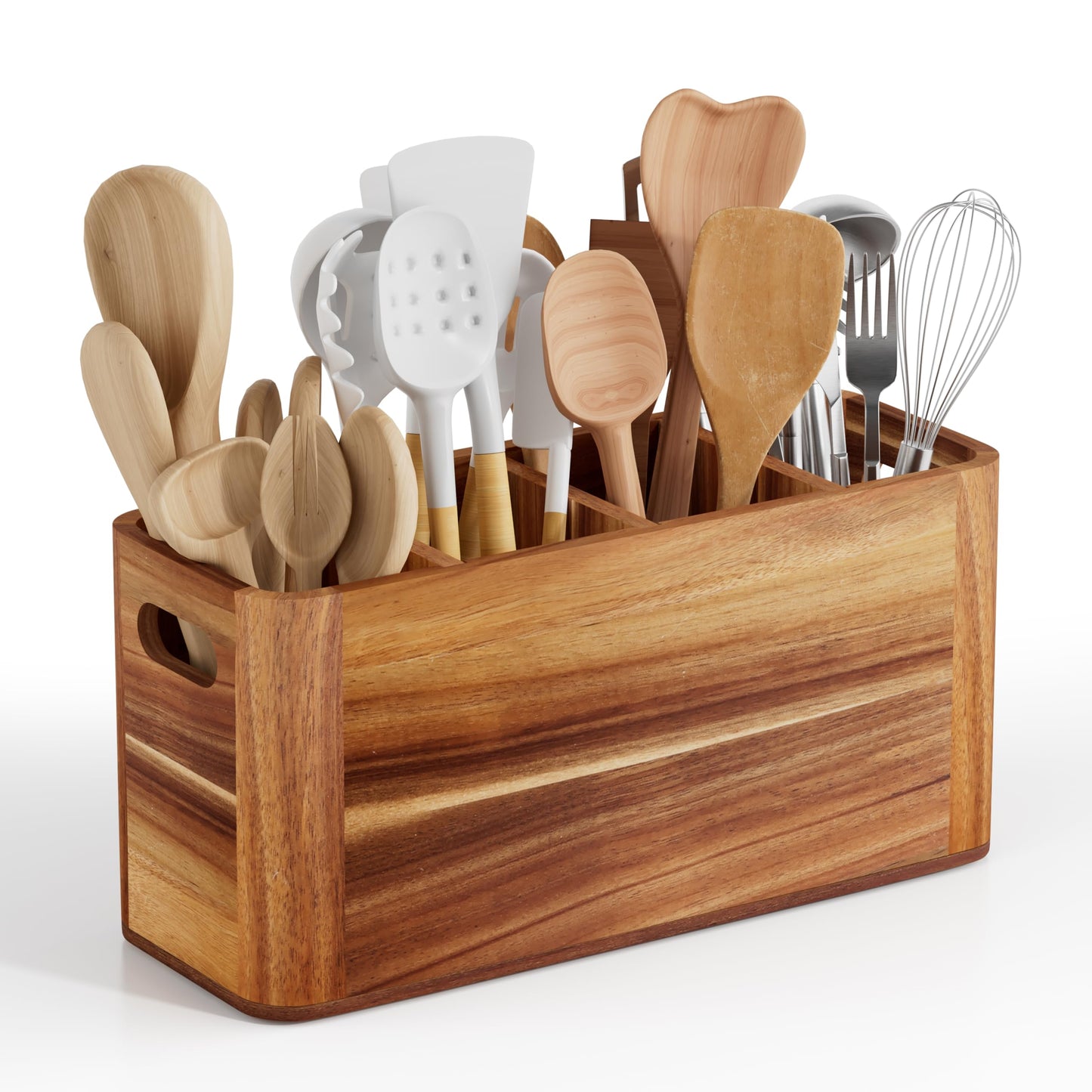 Segtenant Utensil Holder for Kitchen Counter, Extra Large Utensil Holder for Countertop with 4 Compartments Wooden Cooking Utensil Organizer for Spatula Kitchen Storage, Acacia Wood