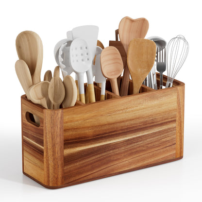 Segtenant Utensil Holder for Kitchen Counter, Extra Large Utensil Holder for Countertop with 4 Compartments Wooden Cooking Utensil Organizer for Spatula Kitchen Storage, Acacia Wood