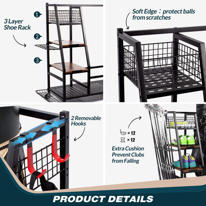 Sttoraboks 2 Golf Bags Storage Garage Organizer, Golf Bag Rack Fits 2 Golf Bags and Golf Equipment Accessories, Golf Club Storage Stand with Wooden Shelf and Lockable Wheels for Garage Indoor Basement