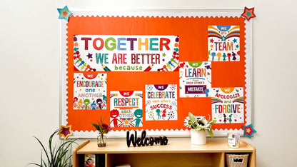 Sproutbrite 7 Educational Posters & Charts - Big Banner 13.5" x 39" Smaller 12" x 13.5" - Together We Are Better Banner & Teacher Posters - Bulletin Board and Wall Decor for Pre, Elementary and Middle School - Promotes Respect, Teamwork, and Positive Clas