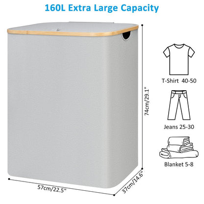 efluky Laundry Basket with Lid, 160L Tall Laundry Basket with Bamboo Handles for Clothes and Toys, Laundry Hamper with 2 Inner Bags for Bedroom, Bathroom and Laundry Room, Dove Gray