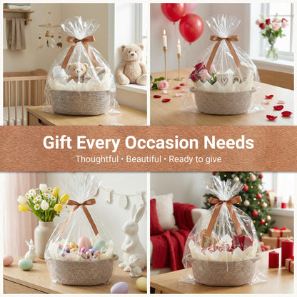 VIRETH HAUS 6 Pack Small Woven Baskets with Gift Bags, Ribbons, Wrap Tissue Papers – Gift Baskets Empty to Fill for Valentines, Baby Shower, Easter, Christmas Day, Decorative Storage Bins for Toys