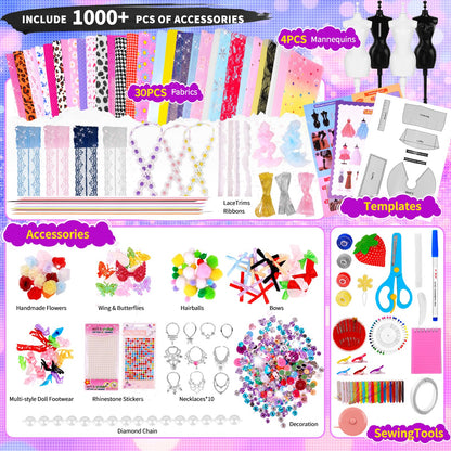 1000+ PCS Fashion Designer Kits for Girls, Sewing Kit for Kids with 4 Mannequins, DIY Doll Clothes Dress Making Kit, Arts and Crafts Sewing Kit Birthday Gifts for Teen Girls Age 6 7 8 9 10 11 12+