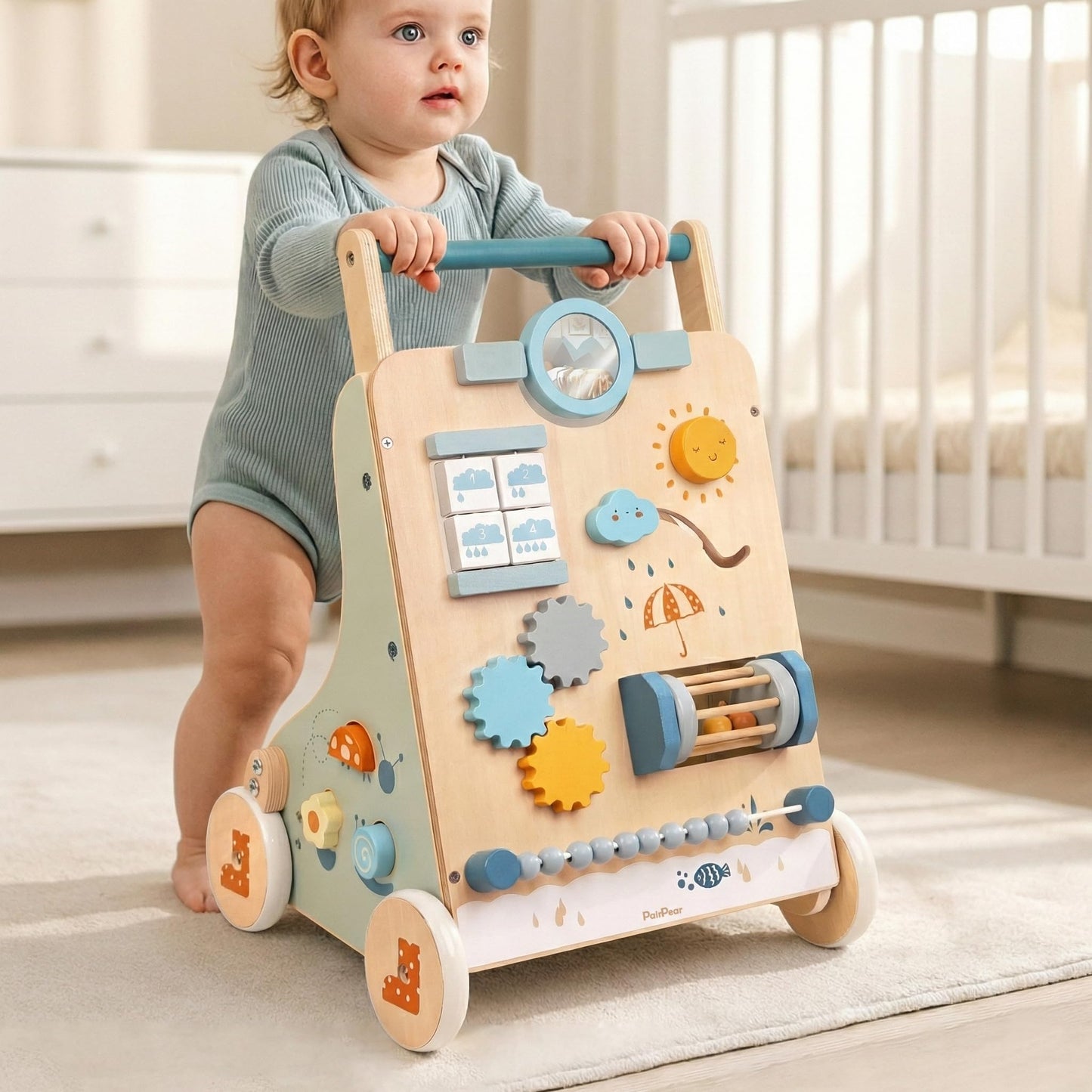 PairPear Wooden Baby Walker, Baby Activity Push Walker Toys