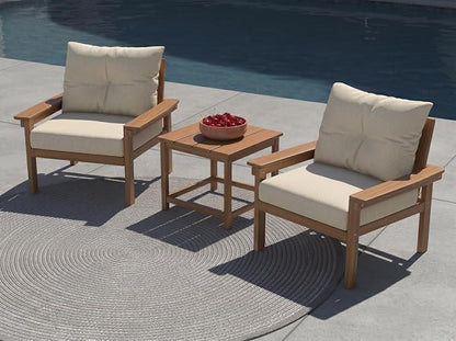 3 Piece HDPE Outdoor Patio Furniture Set, All-Weather 2 Armchairs with Side Table, Patio Conversation Set with Beige Washable Thick Cushion for Balcony/Porch/Backyard (Teak Frame)