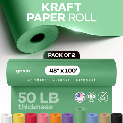 48" x 1200" (100 ft) Green Kraft Paper Roll, Pack of 2 - USA-Made Quality Craft Paper for Gift Wrapping, Kids' Arts & Crafts, School Projects - 100% Recycled, 50 lb Natural Material by IDL Packaging