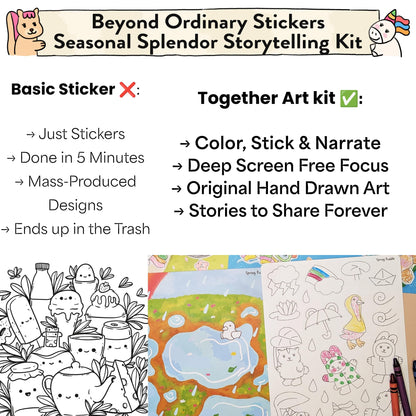 Together Art Seasonal Splendor: Color Your Own Stickers Storytelling Kit - 4 Seasons in 1 DIY Craft for Kids Ages 3+ (Camping, Beach, Christmas) - Road Trip Travel Activities & Homeschool Art Supplies