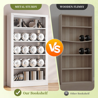 OpolQif Bookshelf, 71" H Tall White Bookcase, 5-Tier Bookcase Metal Sturdy Bookshelf with Adjustable Shelves,Heavy Duty Book Cases for Living Room, Library, School, Study, Home Office