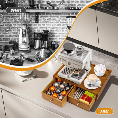 Inlisy 15.8"L X 11.8"W X 4"H Wooden K cup Storage, Keurig Stand With Storage, Coffee Pod Holder Organizer, Desktop Kitchen Storage with 2 Drawers, 30/40/60 Pod Capacity, Natural